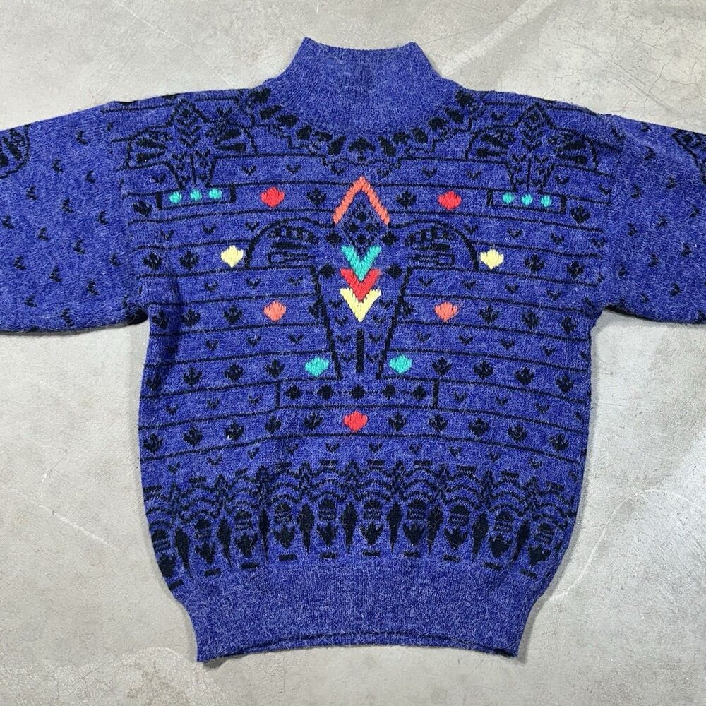Vintage 80s David Brett Colorful Purple Mock Neck Sweater Medium shoulder pads
